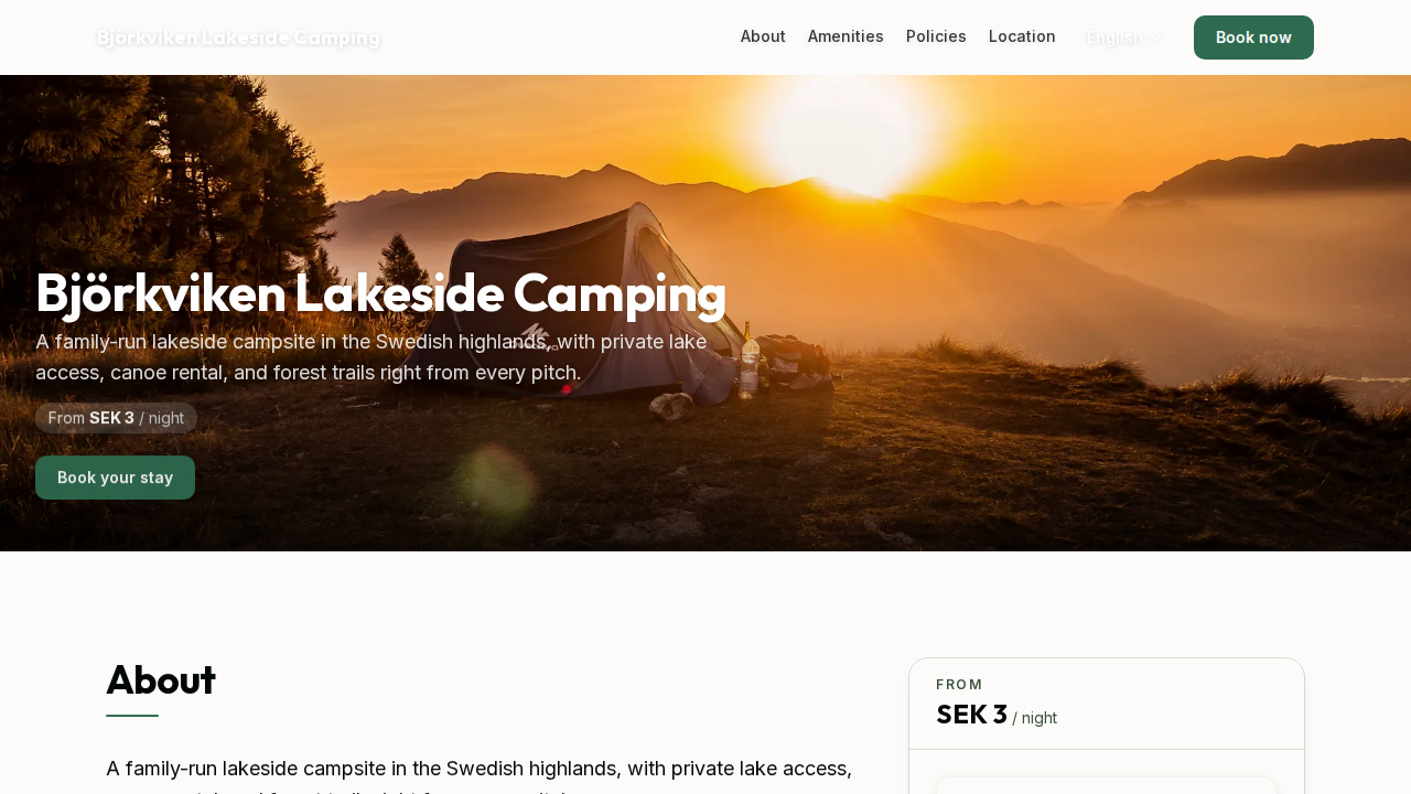 Skärmbild av en varumärkesanpassad bokningssida för en camping på Campsty